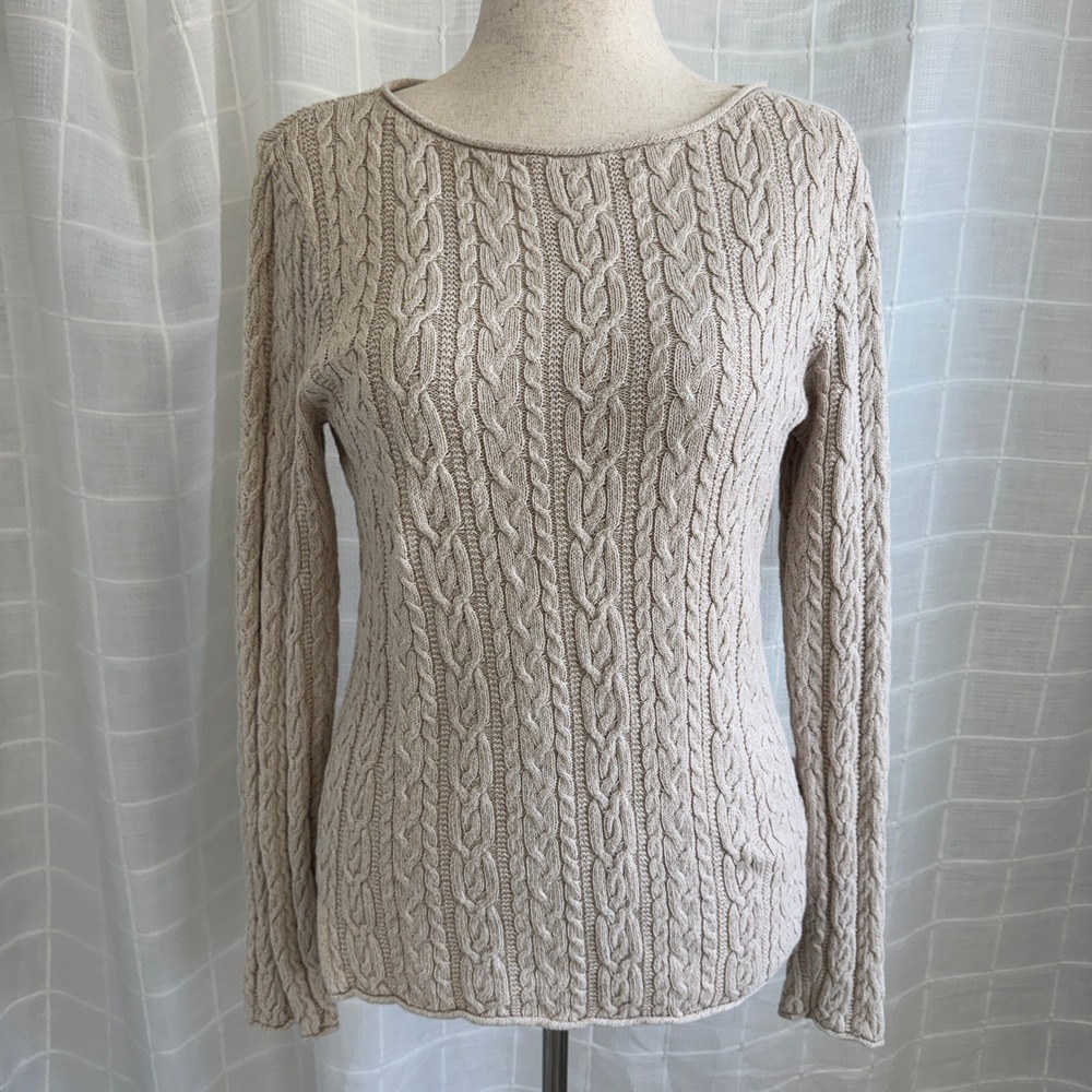 Lauren Ralph Lauren Beige Cable Knit Cotton Sweater Womens XL‎ Boat Neck